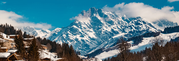 Beautiful alpine winter landscape with the famous Hochkoenig summit in the background at Maria Alm,...