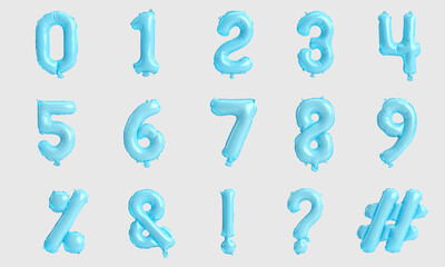 Number table and mark 3d illustration of skyblue balloons isolated on white background