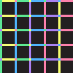 Rainbow Neon Pastel Scott Plaid Tartan Checkered Line Overlap Intersect Gingham Pattern Black Background Square Vector Cartoon Illustration Tablecloth Picnic mat 