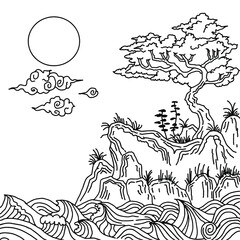 Japanese, Asian Line Art Landscape Vector Design
