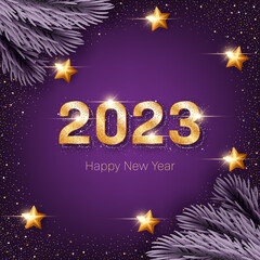 2023 New Year card template with golden glittering numbers and pine branches on purple background