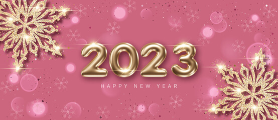 Fototapeta na wymiar 2023 New Year card template with decorative snowflakes and glittering 3d numbers on pink background