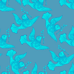 Naklejka premium Dove of peace with olive branch. Seamless pattern. Vector illustration.