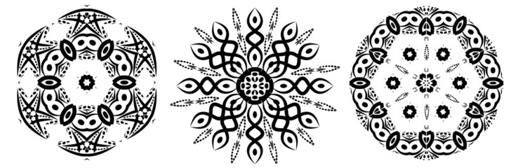 Set of circular geometric ornaments on white background. Template round mandalas for printing on fabric.