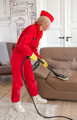 a professional cleaner in a red uniform at her work, with a steam engine. C