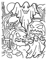 Kawaii coloring page. 2 cute ghosts in the graveyard. Magic, mysticism. Black and white illustration.