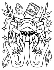 Kawaii coloring page. Cute spider in the hands. Magic, mysticism. Black and white illustration.