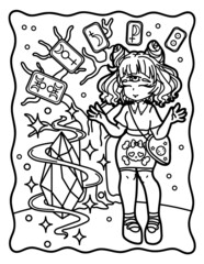 Coloring book for children. Chibi. Sweet witch. Tarot cards. Gothic. Coloring book for adults. Halloween Magic.