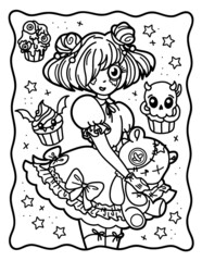 Coloring book for children. Coloring book for adults. Sweet witch. Gothic. Teddy bear. Halloween.