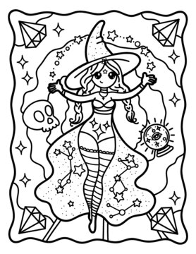 Coloring book for children. Witch. Star Fairy. Halloween Magic