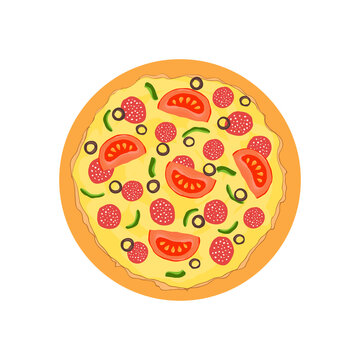 flat pizza with tomatoes and pepperoni. Icon or logo for pizza delivery service, pizzeria or fast food cafe