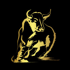 Golden bull. illustration brush stroke painting over black background