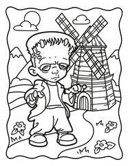 Frankenstein. Mill on the background.Coloring book for Halloween. Coloring book for children and adults. Spooky coloring. Halloween.