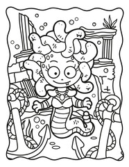 Medusa woman. Gorgon. Coloring book for Halloween. Coloring book for children and adults. Spooky coloring. Halloween.