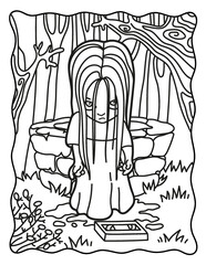 Samara Morgan. Call. Horror. Coloring book for children. Coloring book for adults. Halloween coloring page. Horror. Kawaii. Black and white illustration.