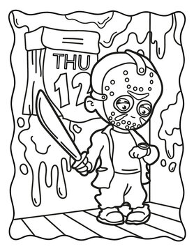 Friday the 13th. Coloring book for children. Coloring book for adults. Halloween coloring page. Horror. Kawaii. Black and white illustration.