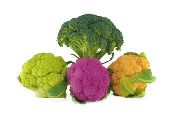 Fresh colorful cauliflowers and broccoli on white