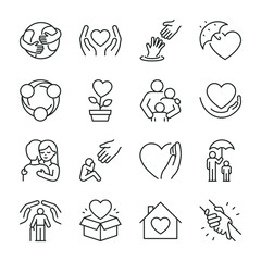Care, support icons set. Help in a difficult life situation, icon collection. Helping hand, heart, keeping alive, hugs. Line with editable stroke - obrazy, fototapety, plakaty