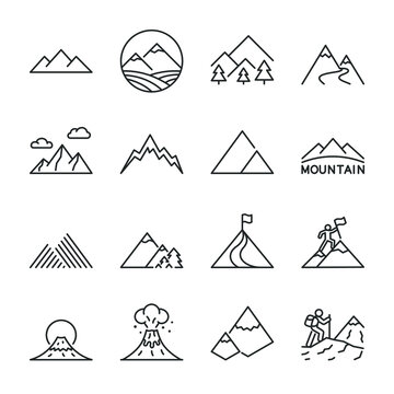 Mountain icons set. mountains of various shapes, icon collection. Line with editable stroke