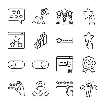 Rating, Review Icons Set. Good And Bad Emotions, Stars, Grades, Icon Collection. Line With Editable Stroke