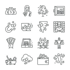 A lot of money icons set. People with money, bathed in money, icon collection. Line with editable stroke © Matsabe