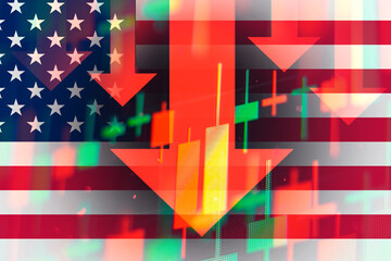 Dropping arrows showing decreasing trend in economy in global crisis or downtrend of stocks on the stock exchange in USA.