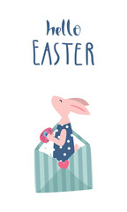 Blue envelope with vertical stripes, Easter bunny, egg and 