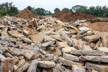 A view of the rubble of many large concrete blocks that have been demolished.