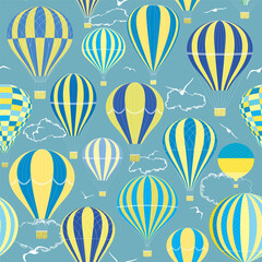 Seamless pattern with yellow and blue balloons flying in the sky - 494707503