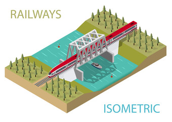 Infographic Railway bridge with passenger train over the river isometric elements design icon set vector graphic illustration - 494708341