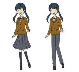 笑顔の女子高生のスカートとズボンの制服のセット