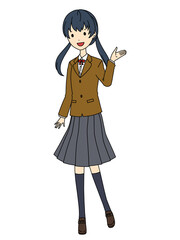 案内をするポーズの女子高生の全身のイラスト