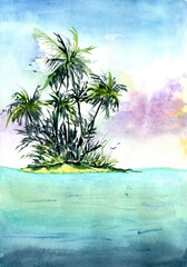 Watercolor illustration of an ocean in the daybreak and a tropical island with palm trees and bushes