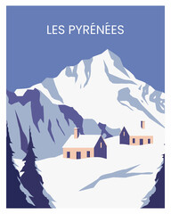 les pyrenees landscape vector illustration background. travel to france. suitable for art print, travel poster, postcard, greeting card. - obrazy, fototapety, plakaty