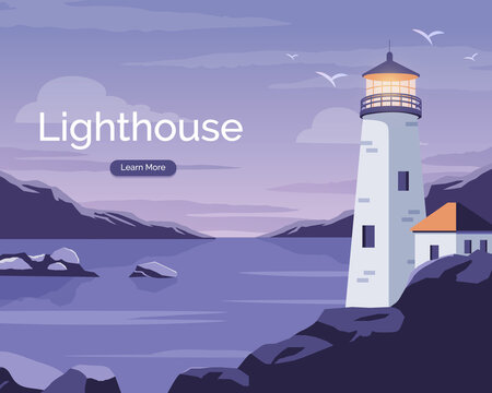 Lighthouse in ocean. LandscapeVector illustration of beautiful sea background mountains and lighthouse.