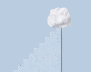 Stairs to cotton cloud. Way to success and progress concept in surreal style. High quality photo
