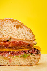 Sliced juicy hamburger with beef patty, cheese, caramelized onion, tomato, cucumber, tartar sauce. yellow background
