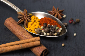 Various spices in a spoon on a black background. Traditional spices for cooking.