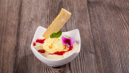 dessert of rice, milk and peach ice cream