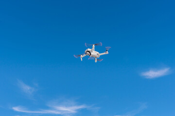 drone flight view from below against the blue sky 