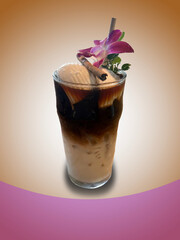 Glass of cold tasty coconut coffee on color background clipping Path