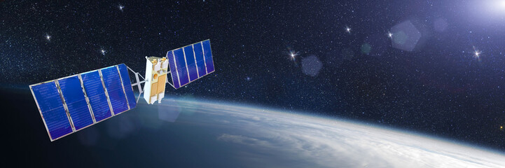 Panoramic view of open space and earth orbit with communication satellite with solar panels....