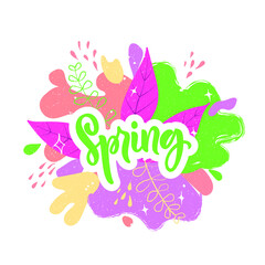 Spring handwritten text on abstract colorful background with leaves, stars. Trendy script lettering design. Modern brush calligraphy. Vector illustration for logo, icon, card, invitation, flyer