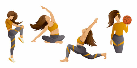 Girl, woman doing fitness training, stretching, playing sport, basketball, yoga. Set of cute faceless characters on isolated transparent background. Healthy lifestyle, gym, vector elements for poster