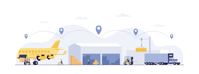 Transport plane plane express delivery prepare flight airport air cargo international transport concept . forklift loading parcel box.