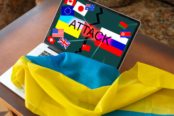 country flags and Ukrainian and Russian flag on the tablet