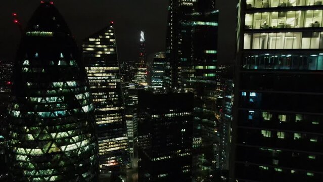 Gherkin, sky garden and the shard on a drone shot at night