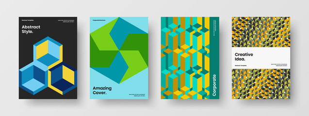 Fresh mosaic shapes cover illustration bundle. Clean corporate brochure A4 vector design template composition.