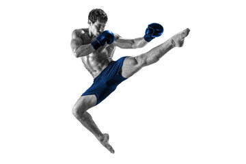 Full length of boxer who perform muay thai martial arts. Black and white Silhouette. Blue sportswear