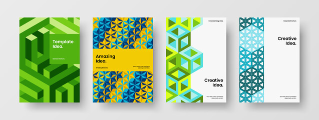 Fresh brochure vector design illustration bundle. Bright geometric tiles company identity template set.